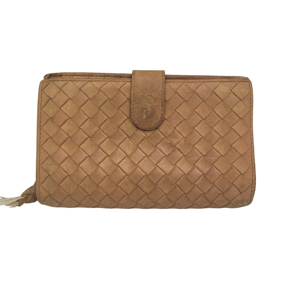 Bottega Veneta Intrecciato Weave Leather French Wallet Tan Gold Made in Italy